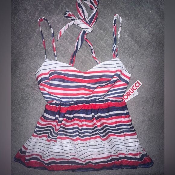 Fiorucci Striped Red White Navy Peplum Tie Back Spaghetti Strap Top Size Large - Picture 1 of 7